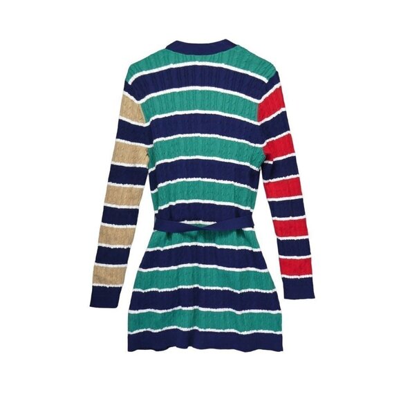 Lands End Cable Knit‎ Tie Front Cardigan Size M Tall 10-12 Stripe Green Red Blue - Picture 7 of 12